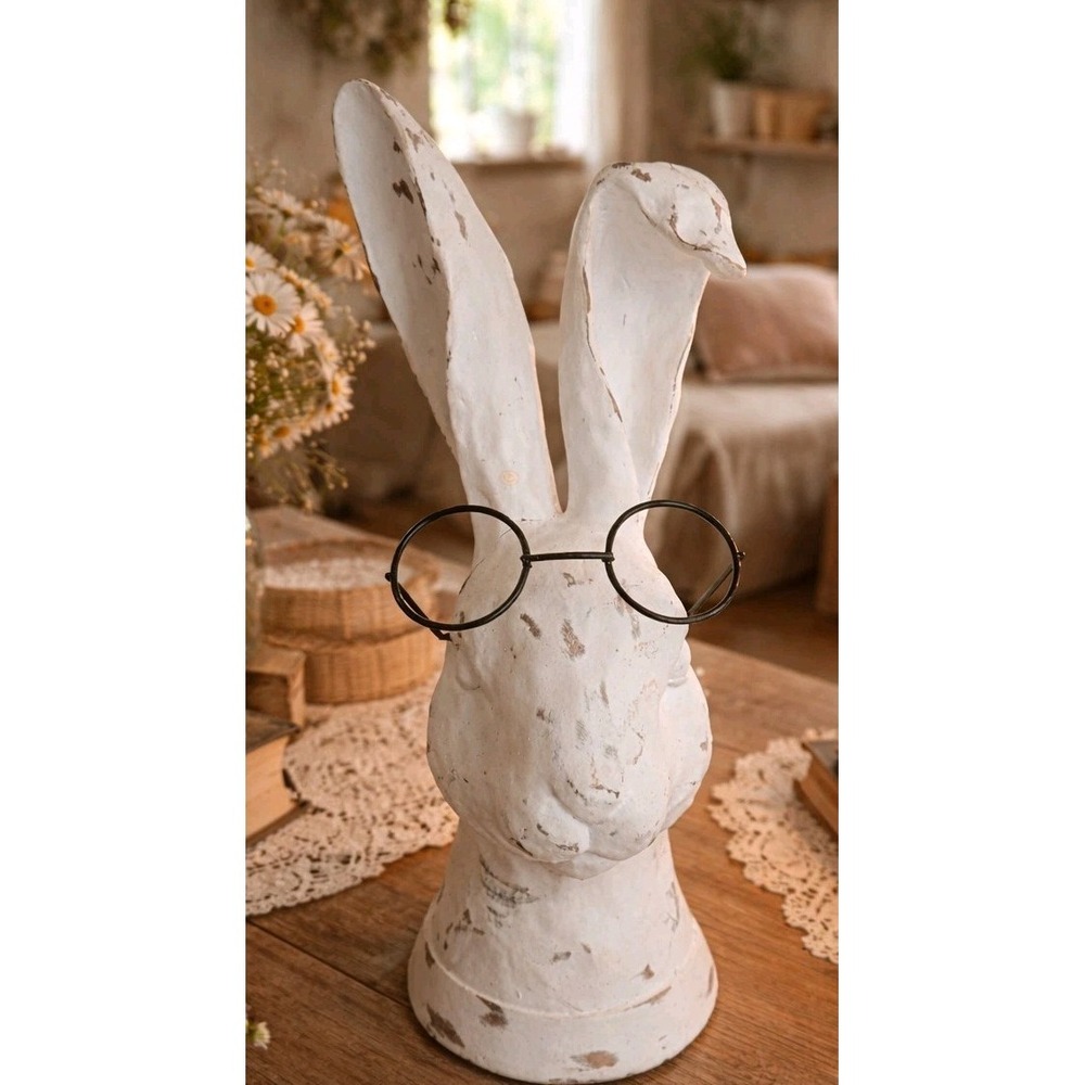 Distressed‎ Faux Wood White Rabbit Bunny - Black Round Eye Glasses Easter Decor